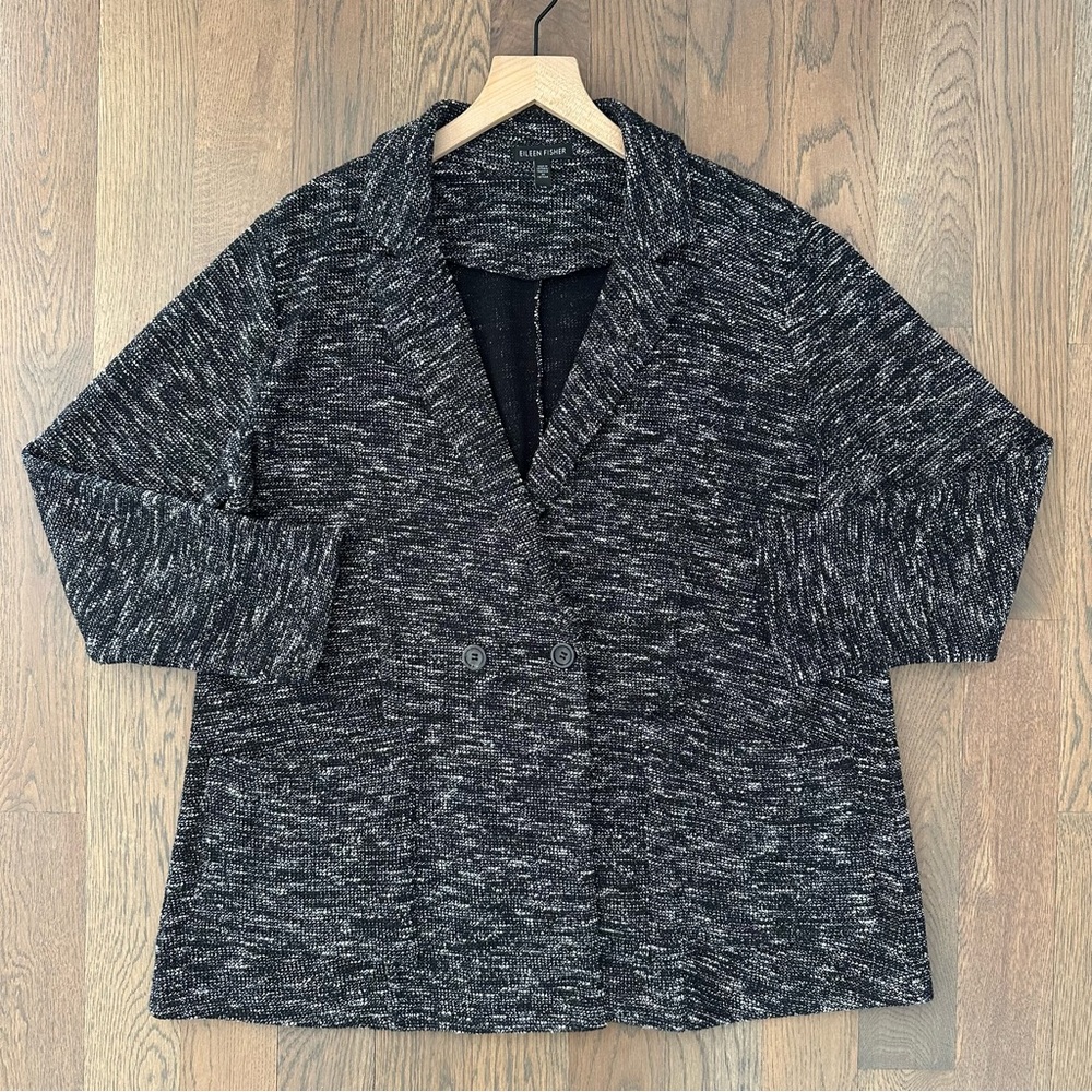 Eileen Fisher Melange Tweedy Double Breasted Knit Blazer Black and White Large